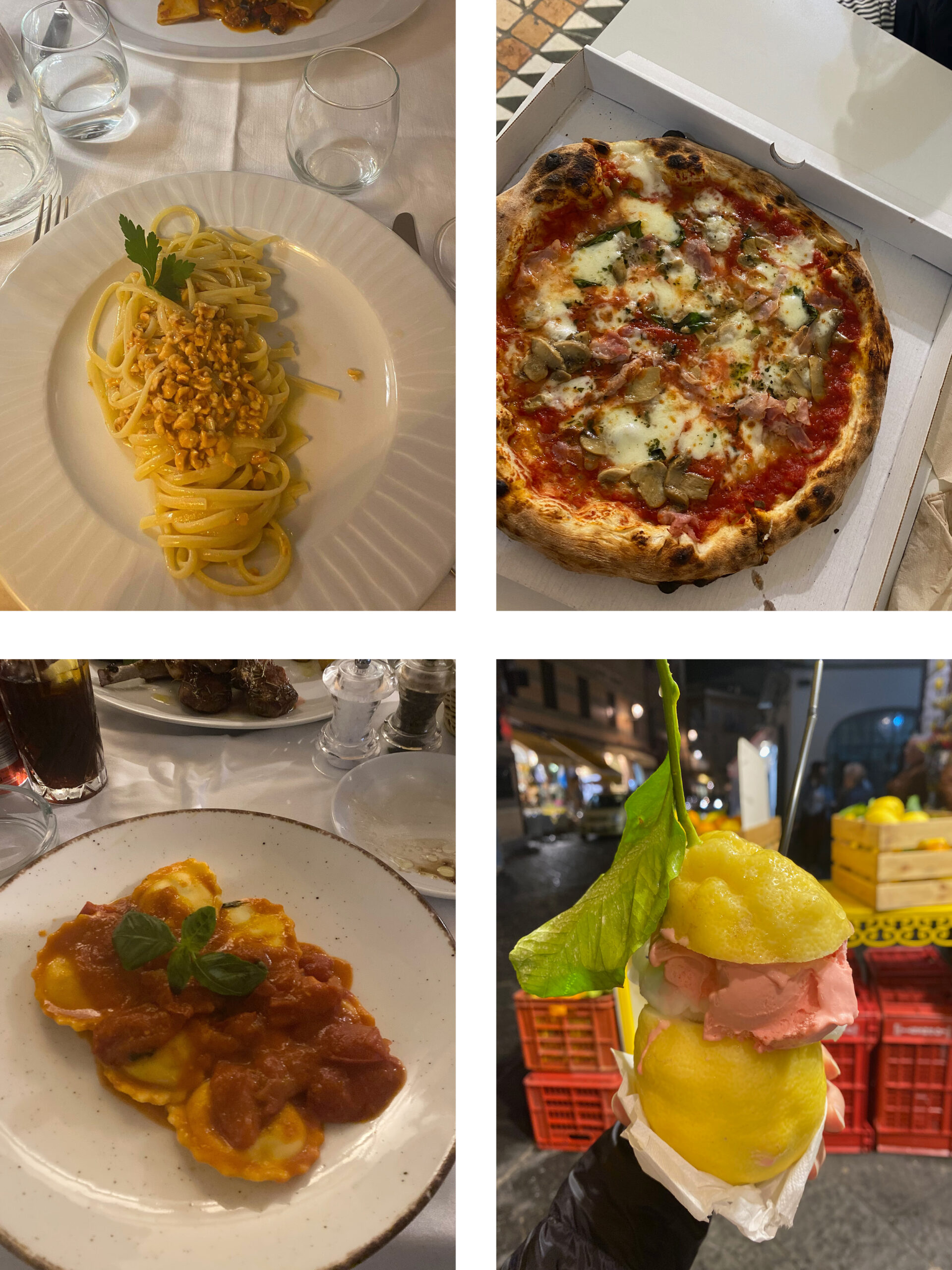 A grid of food - spaghetti, pizza, ravioli and lemon sorbet. 