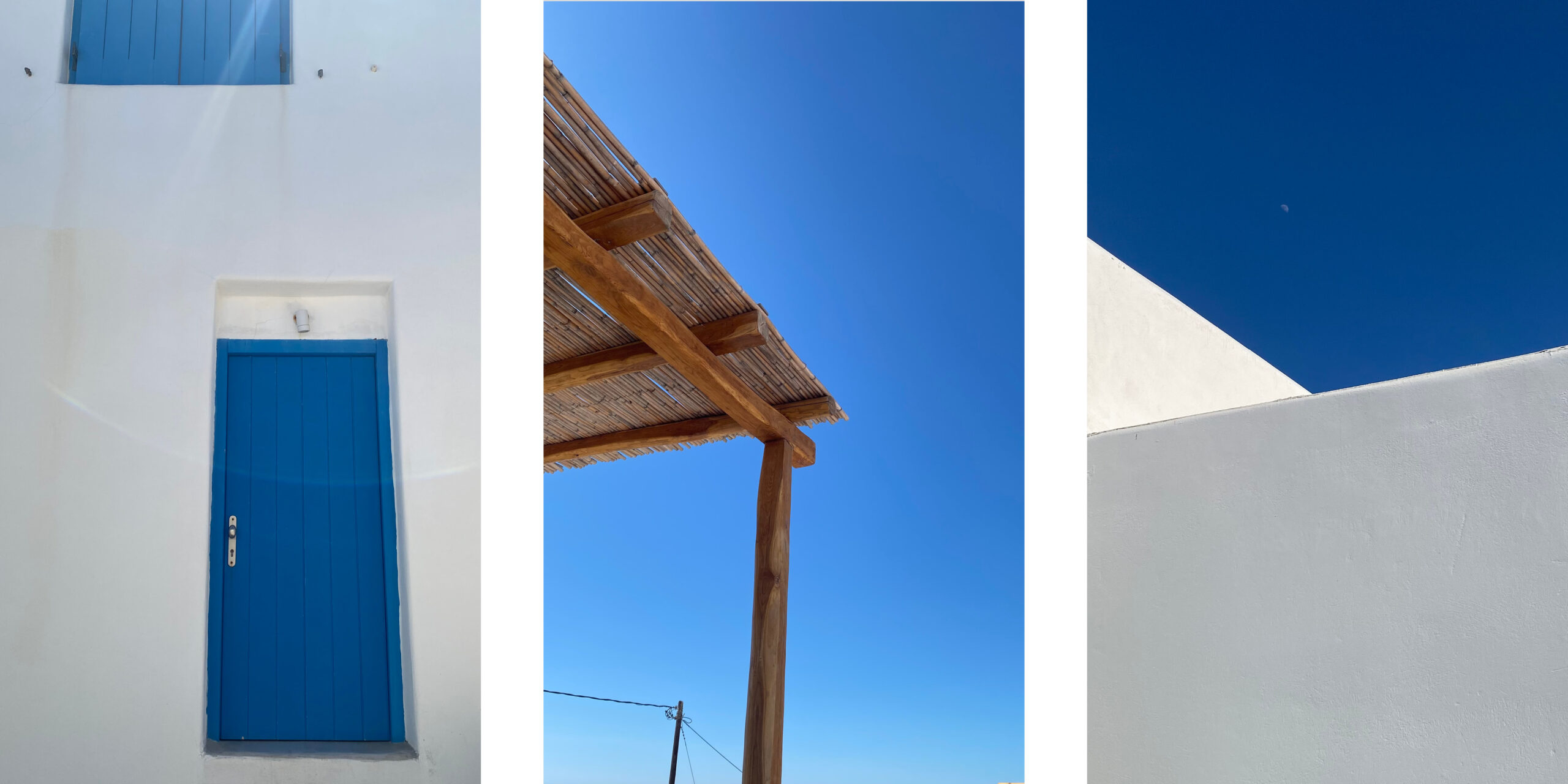 Blue and white buildings in Paros, Greece. 