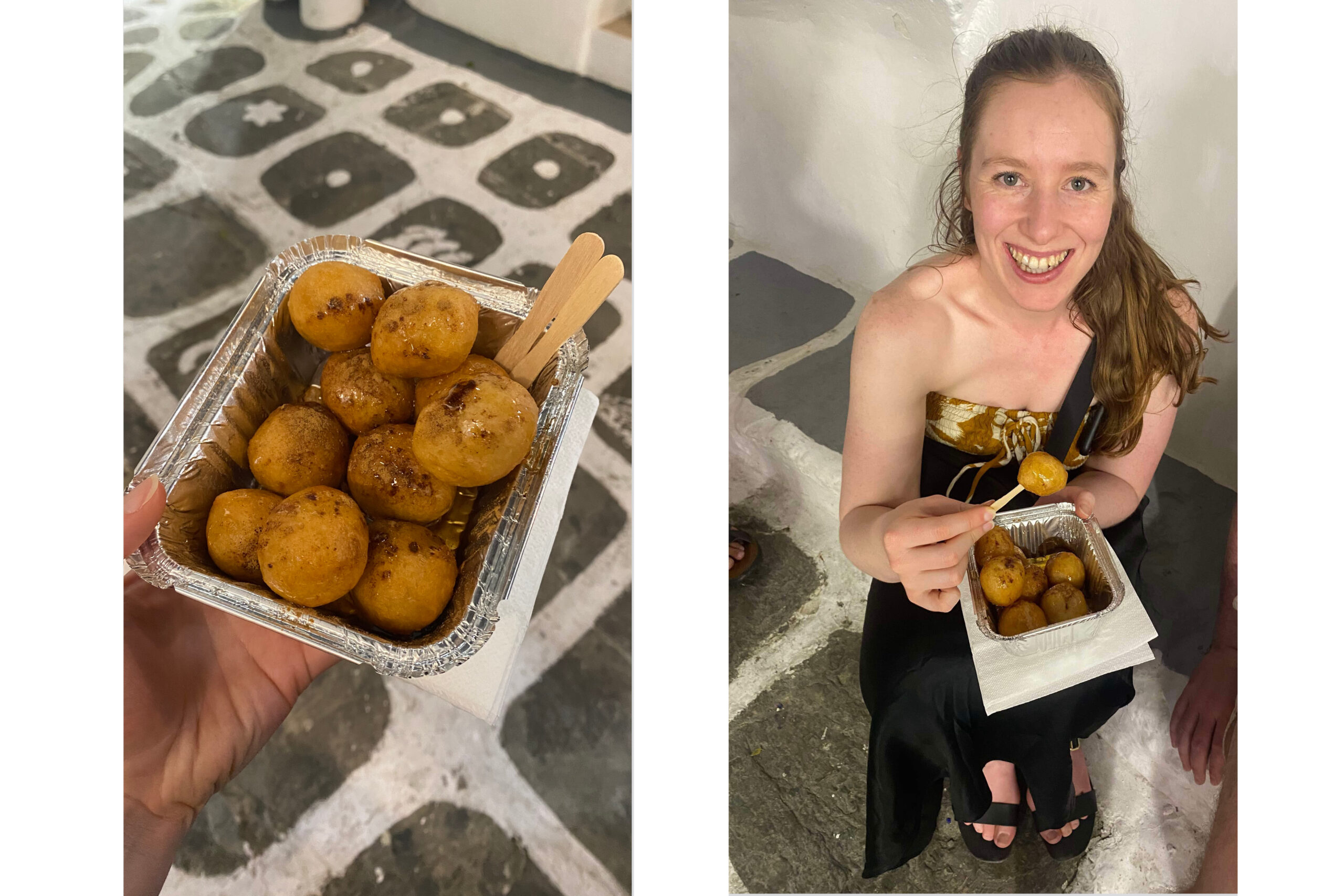 Women eating loukamades in Greece.