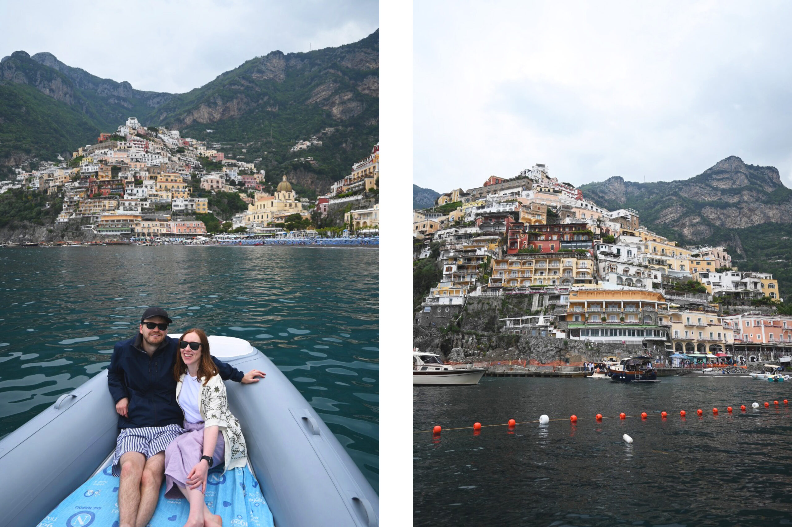 Two people on a boat in front of Positano. A view of Positano from the water. 