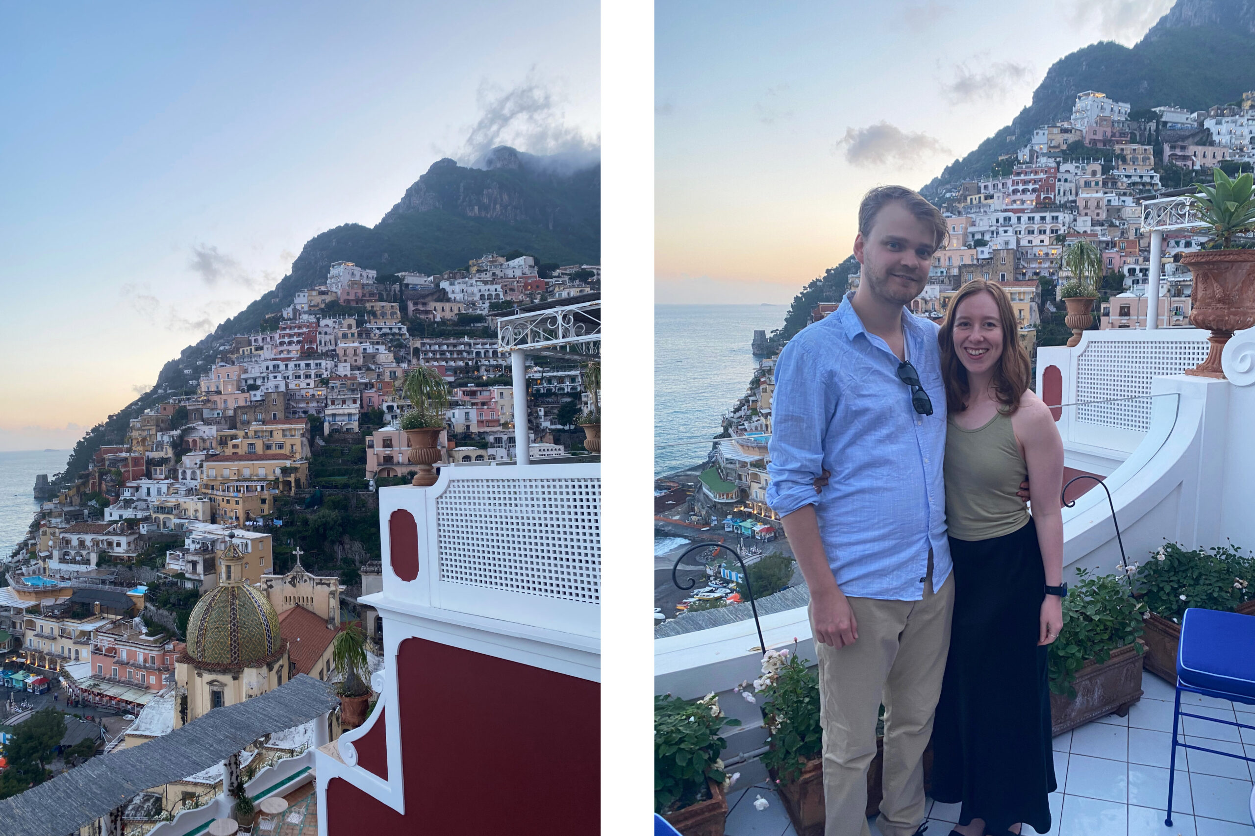 The town of Positano and two people on Franco's Bar rooftop in Positano