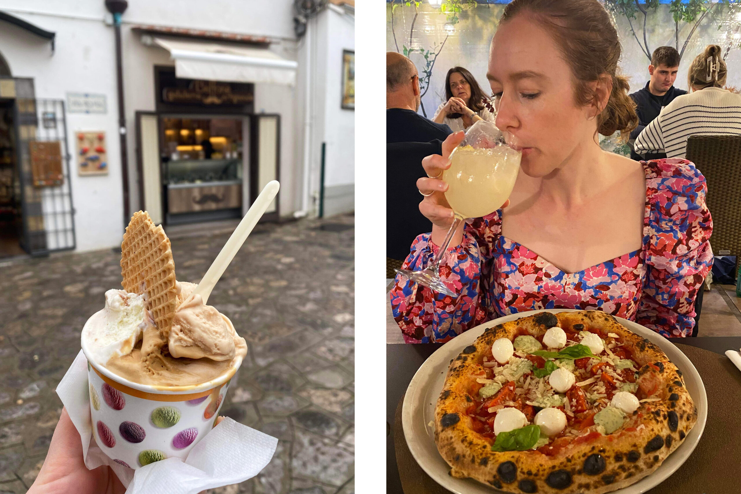 Gelato and Jess eating a pizza.