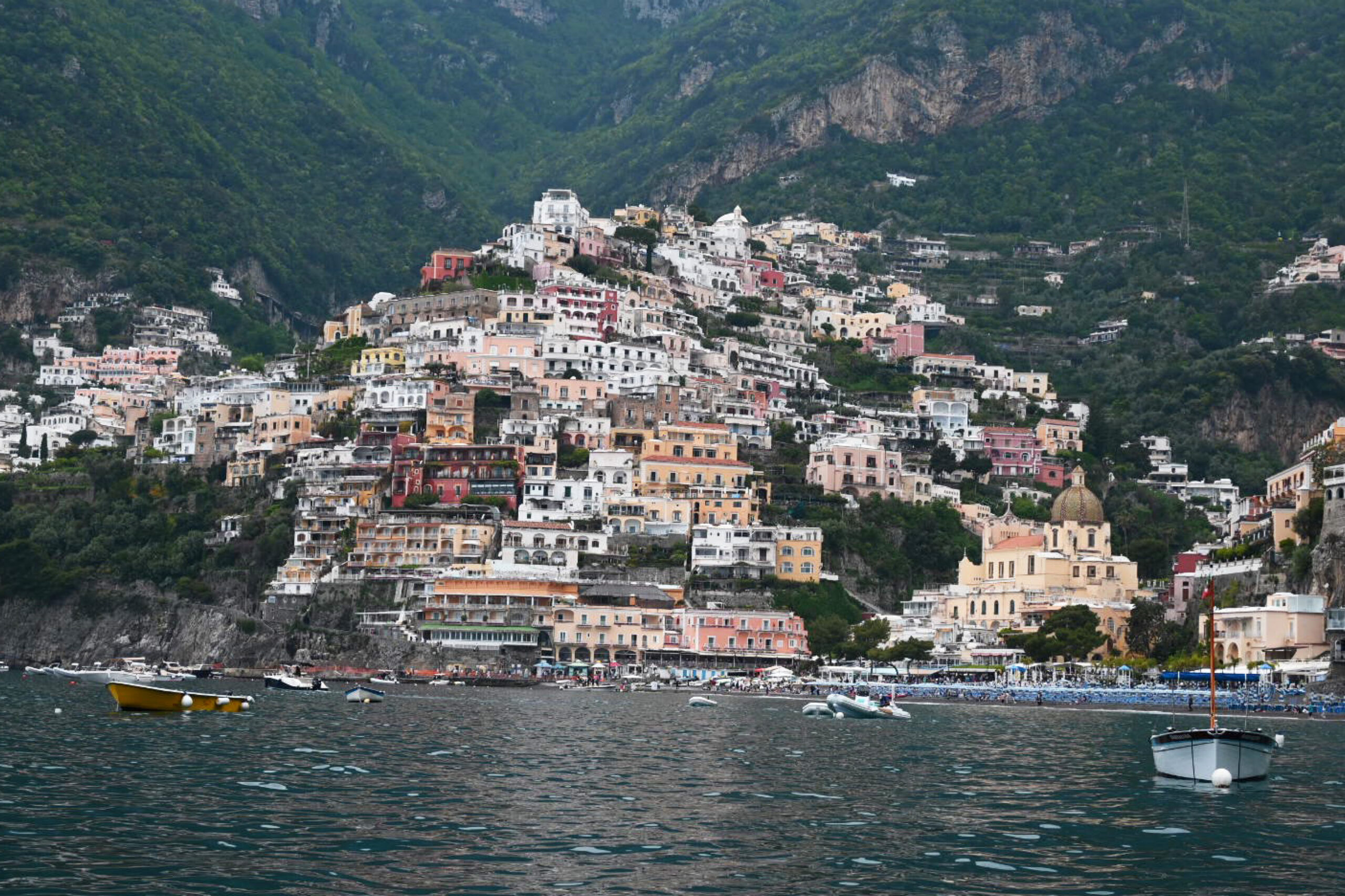 A view of the town of Positano from the water. 