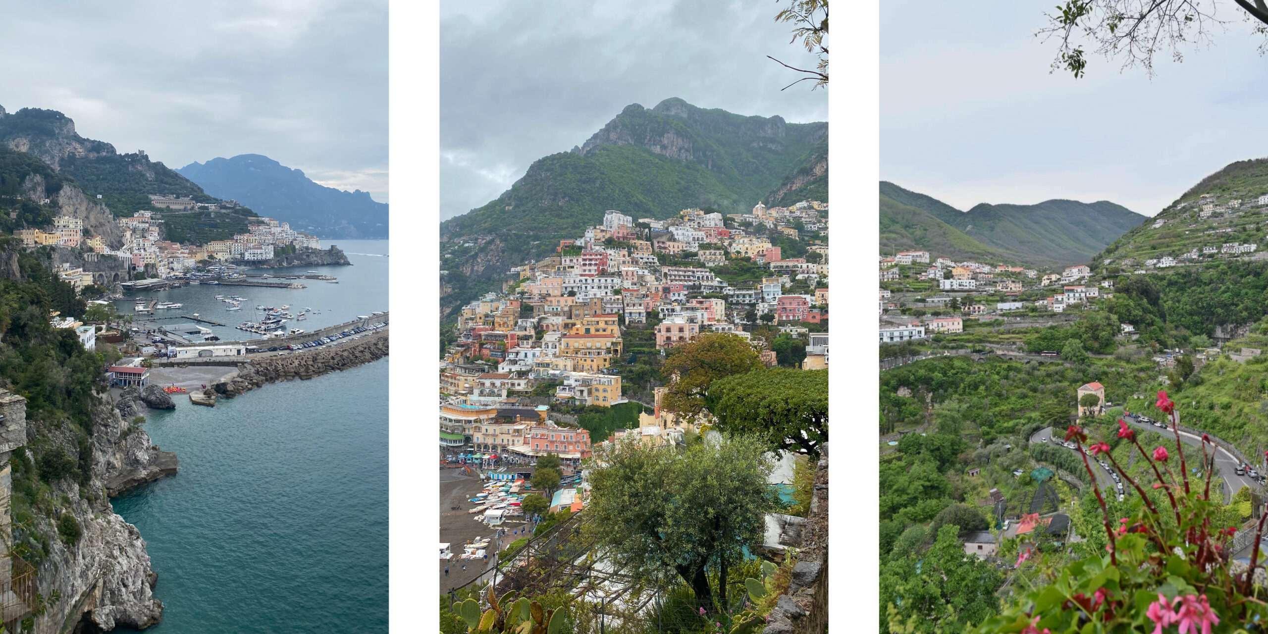 The towns of Amalfi, Positano and Ravello on Italy's Amalfi Coast.