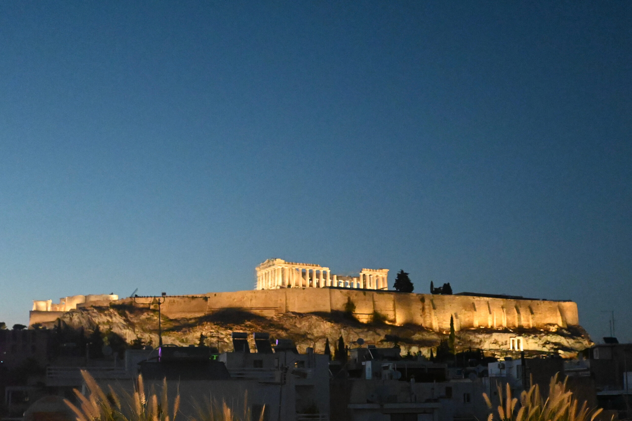 View of the Acropolis at night from the hotel Divani Palace Acropolis