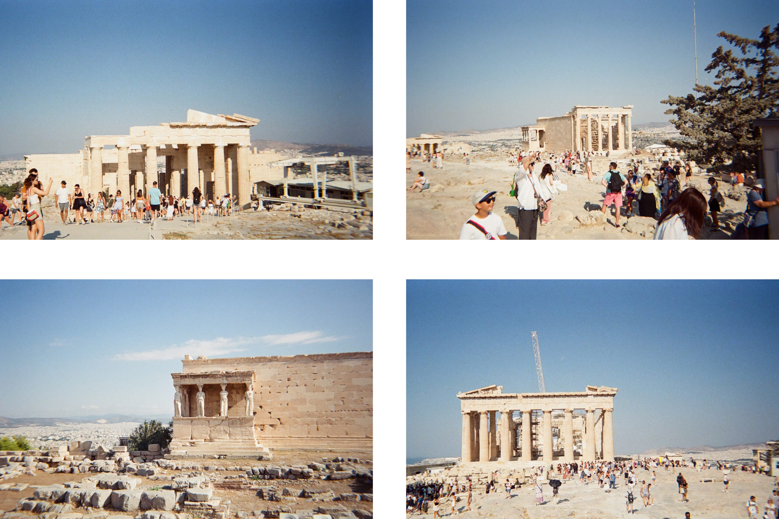 A grid of four images of the Acropolis in Athens Greece