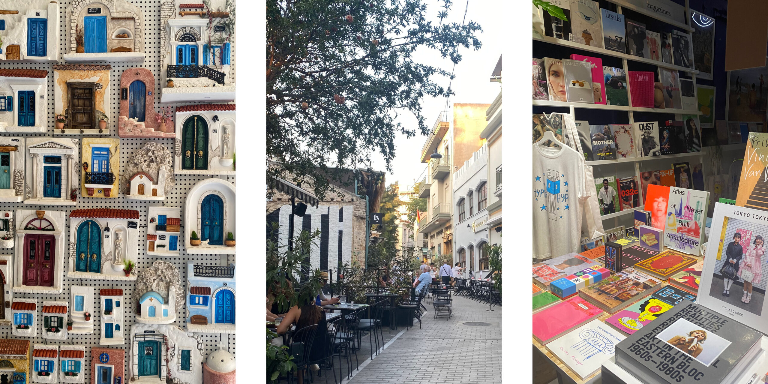 A grid of three images of Athens - souvenirs, a city street and a bookstore.