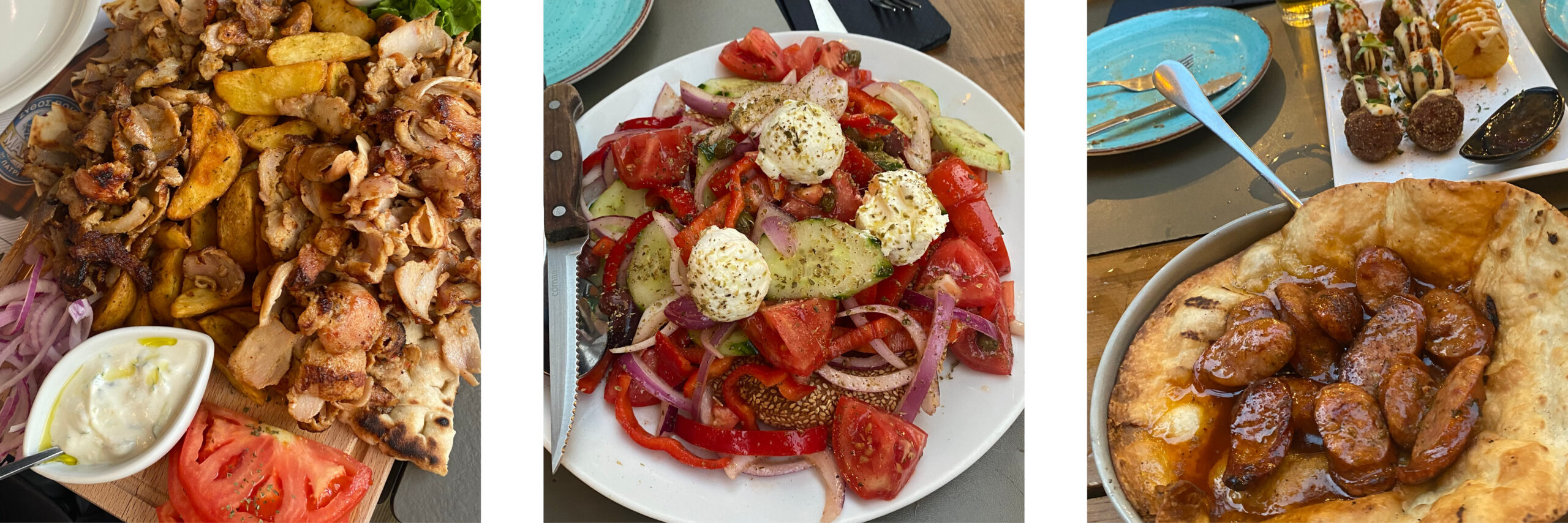 A grid of three images showing food in Athens Greece - Gyros, greek salad, and meatballs.